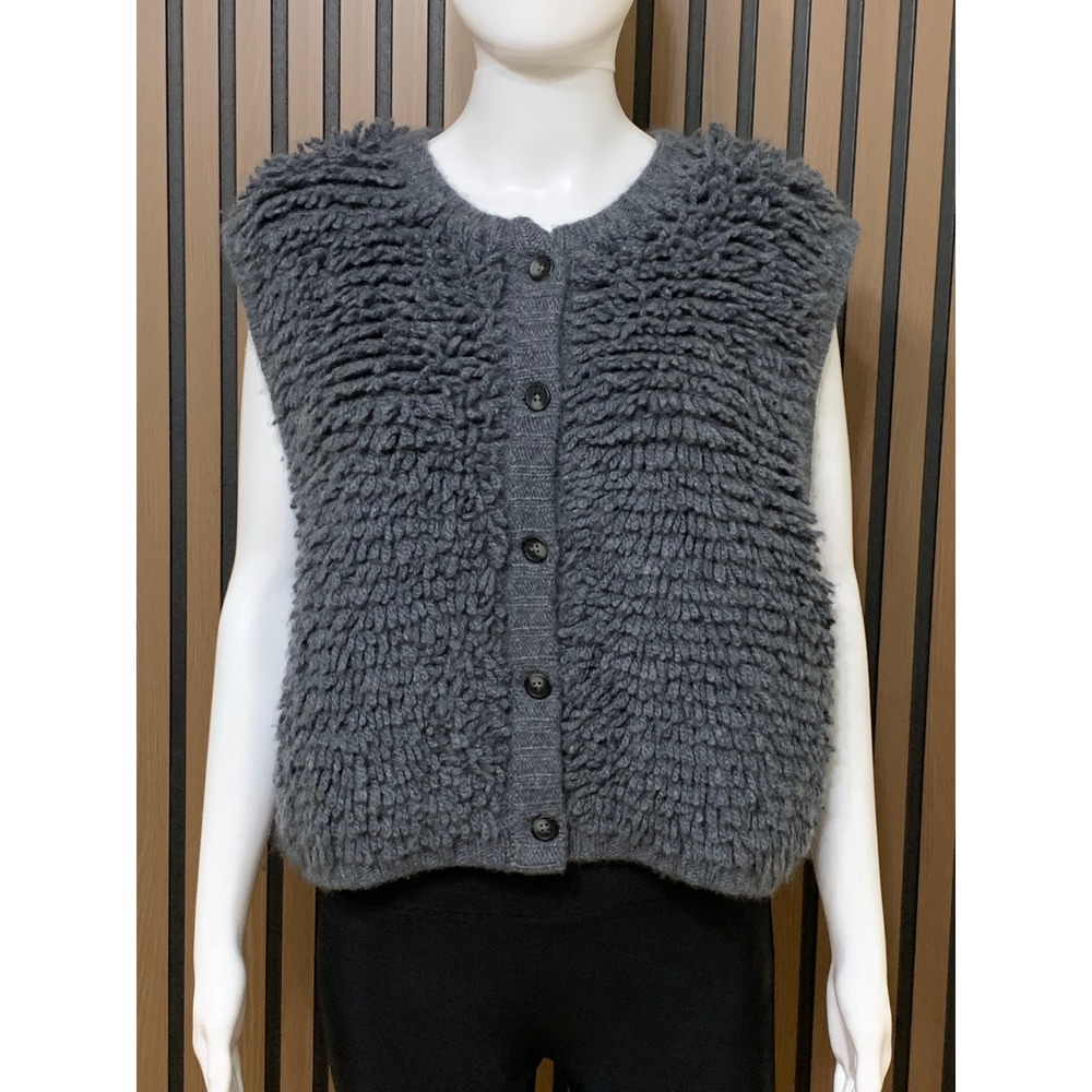 Garnet Hill 100% Recycled Cashmere Shaggy Loop Knit Button Front Vest Gray XL
